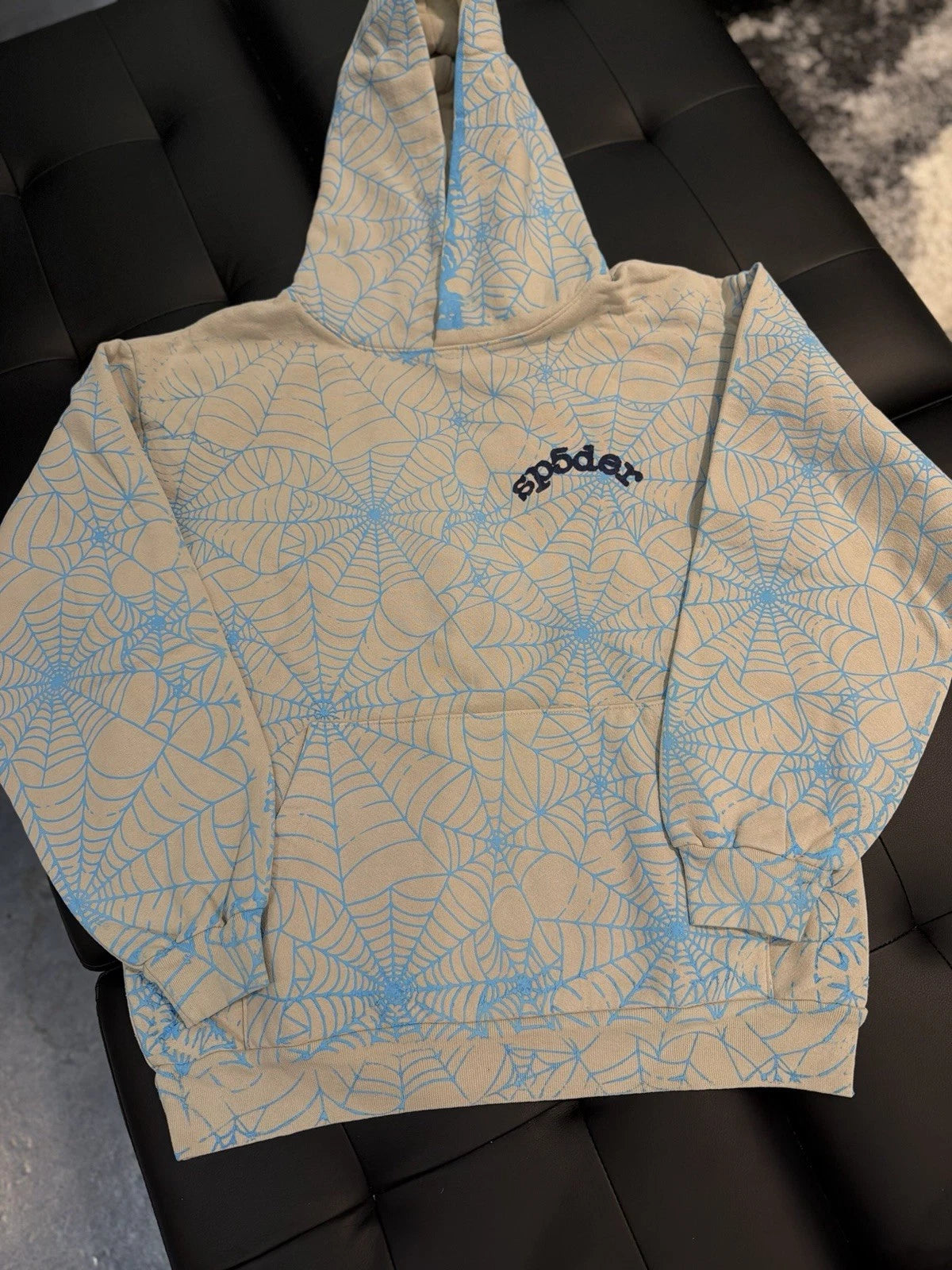 Sp5der Worldwide Blue AOP WEB Hoodie - Deadstockdenimla