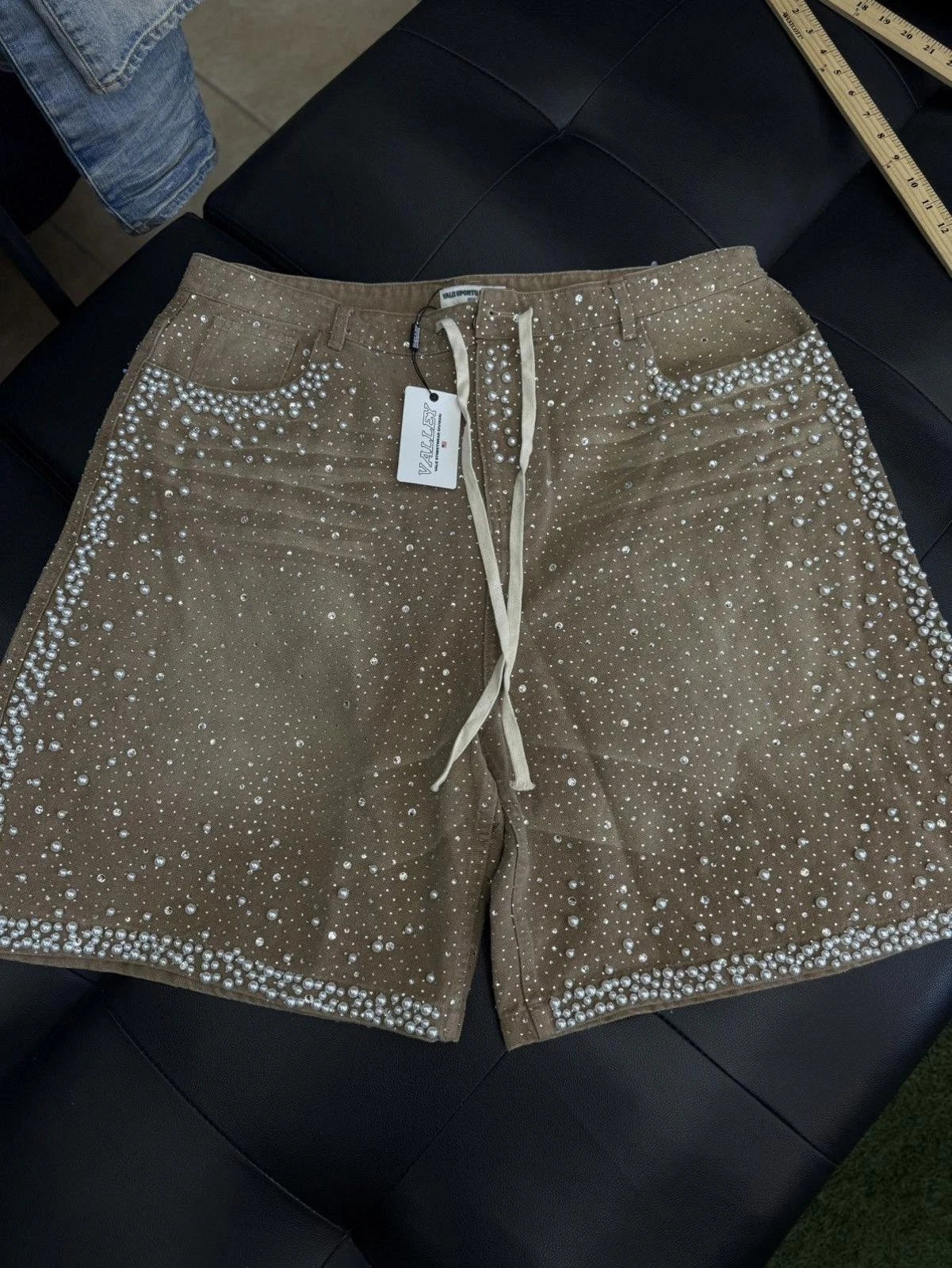 Valley Rhinestone Crystal Shorts Denim Tan