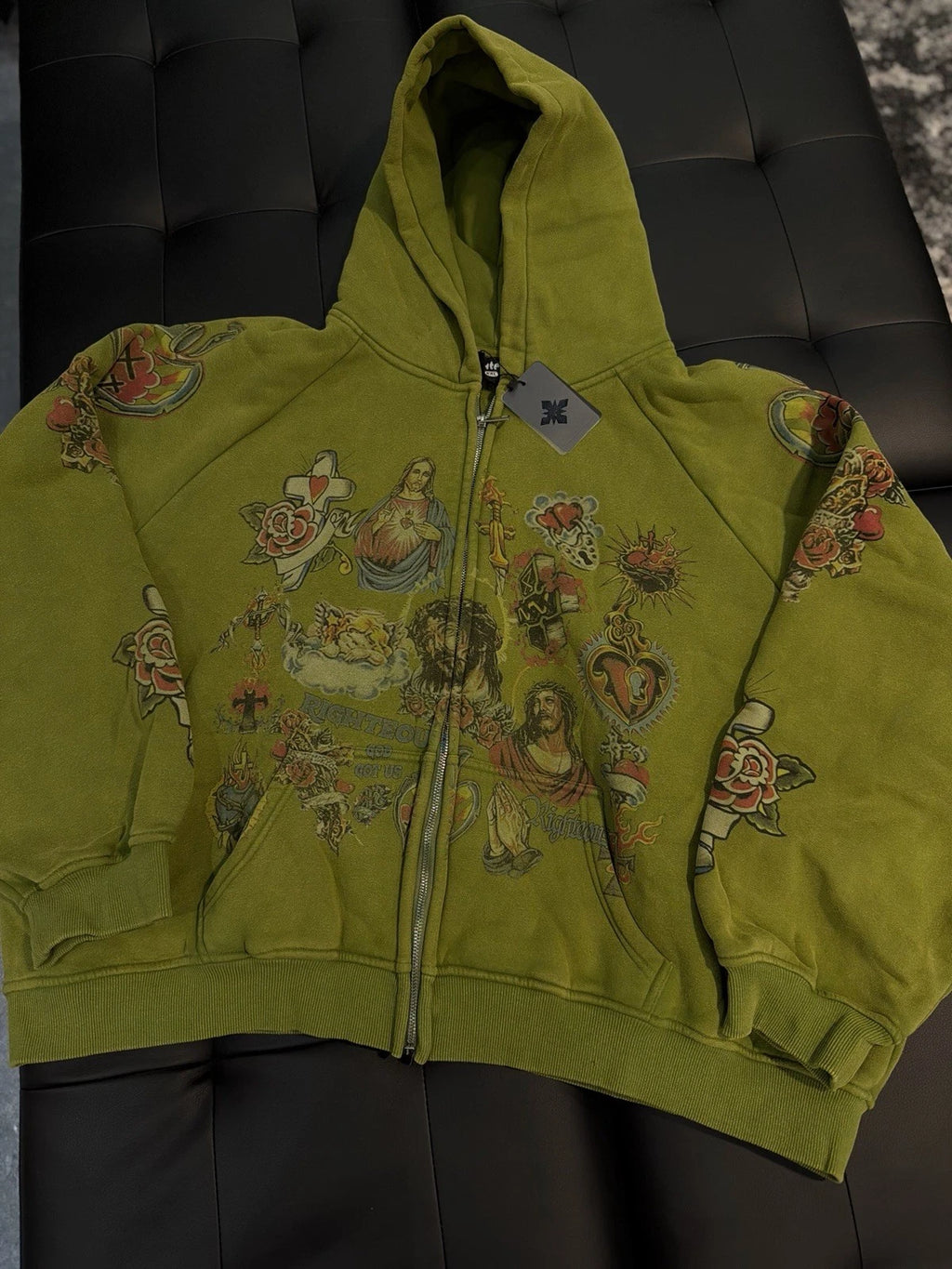 We Are Righteous Green Zip Up Jesus Hoodie - Deadstockdenimla