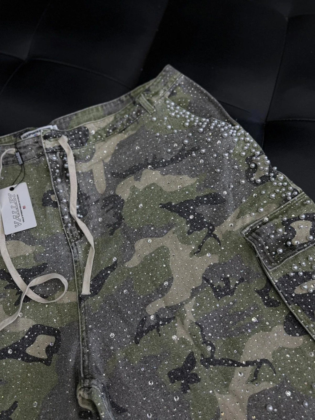Valley Rhinestone Crystal Shorts Denim Green Camo - Deadstockdenimla