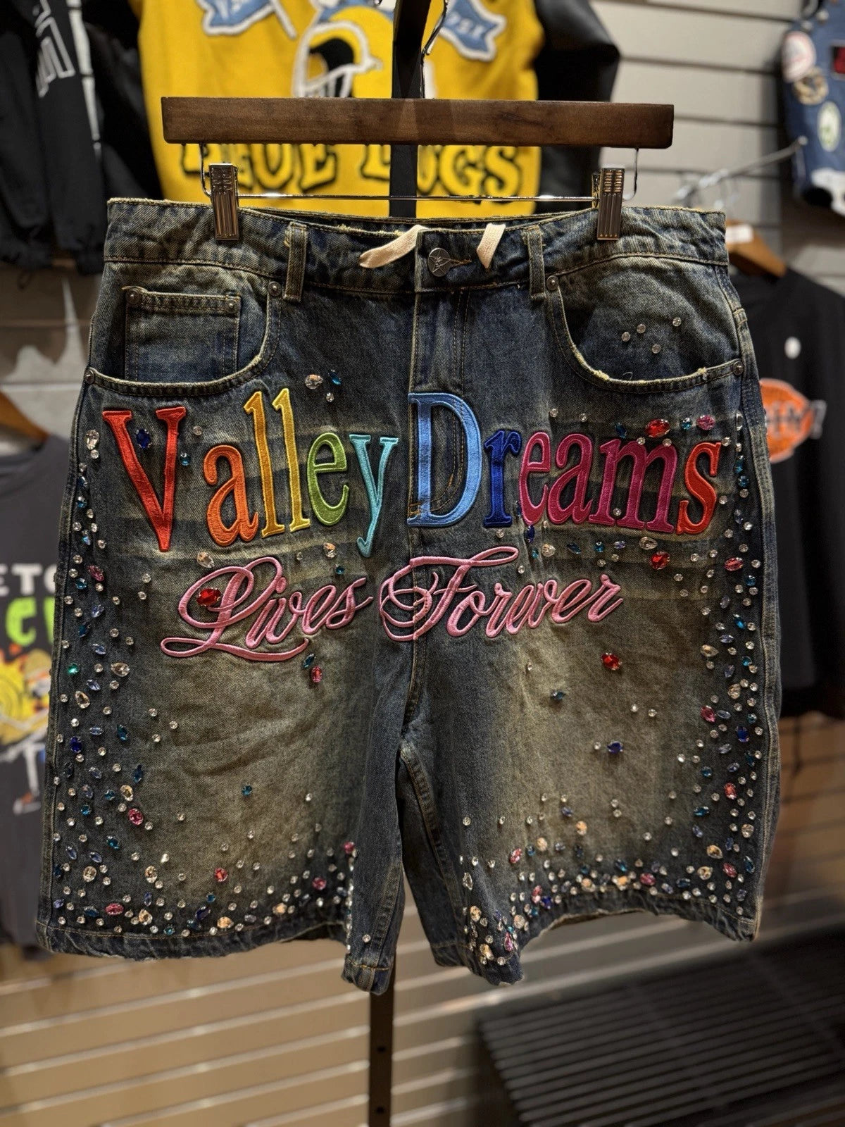 Valley Blue Denim Stone Crystal Shorts