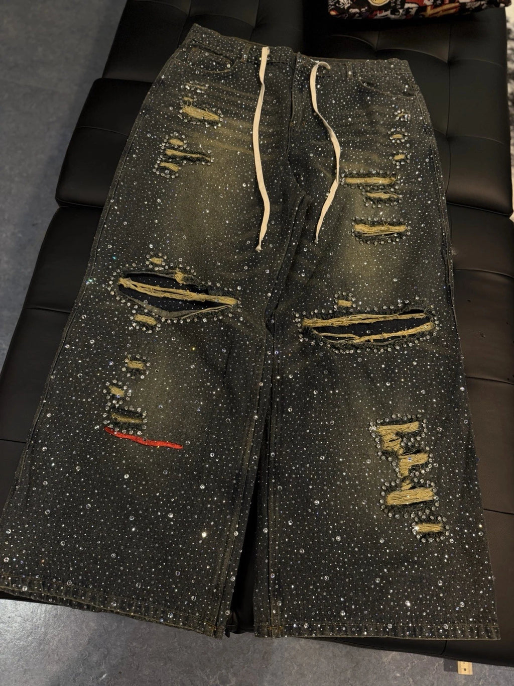 Valley Baggy Crystal Stone Denim Blue Jeans - Deadstockdenimla