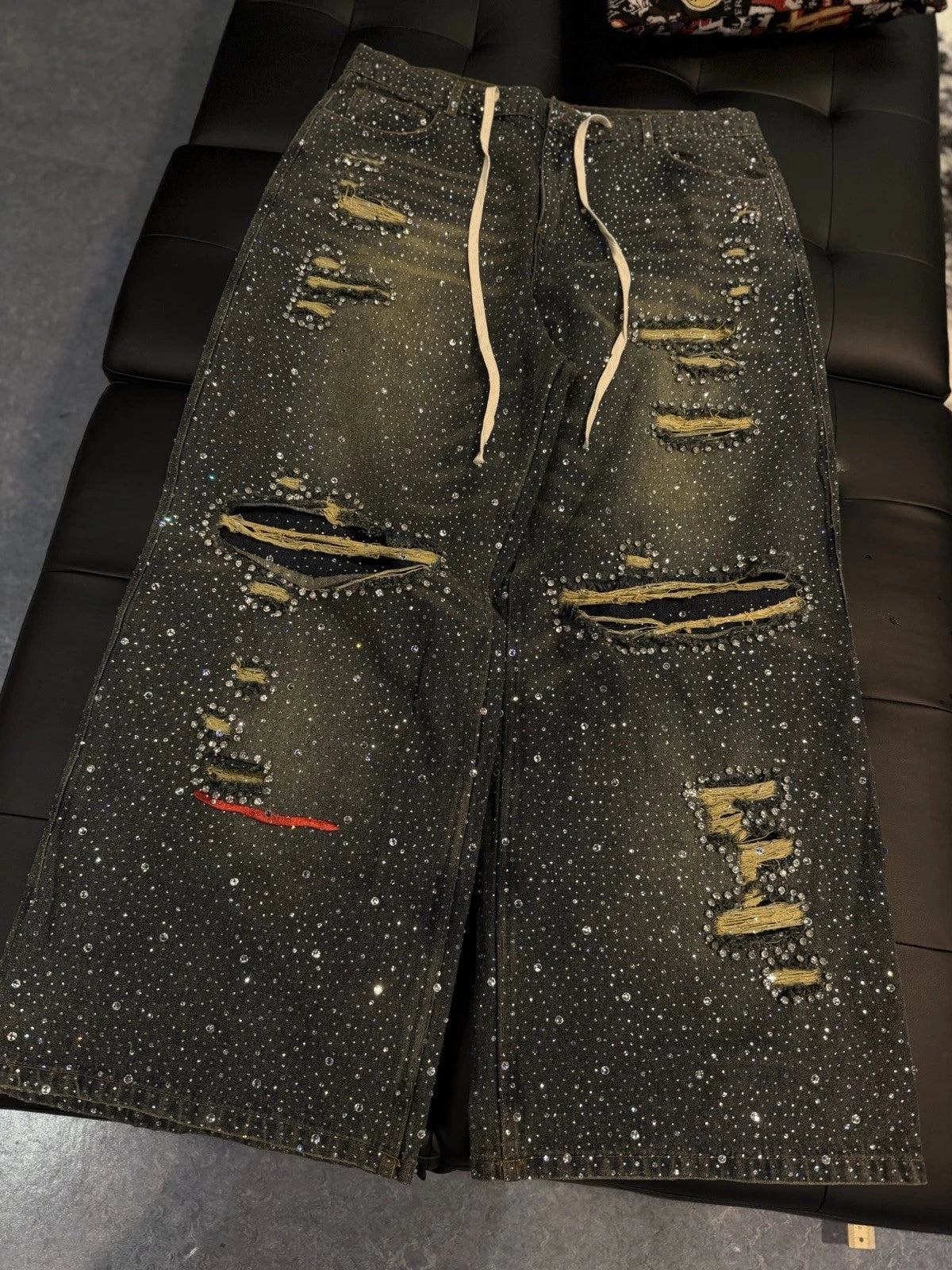 Valley Baggy Crystal Stone Denim Blue Jeans - Deadstockdenimla