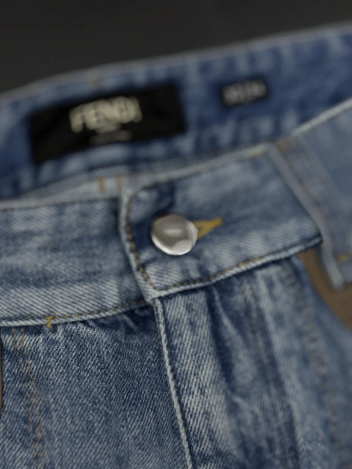 Fendi Jeans Blue Brown Leather Logo Patch Denim - Deadstockdenimla