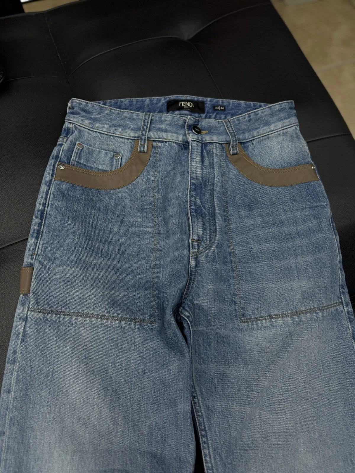 Fendi Jeans Blue Brown Leather Logo Patch Denim - Deadstockdenimla