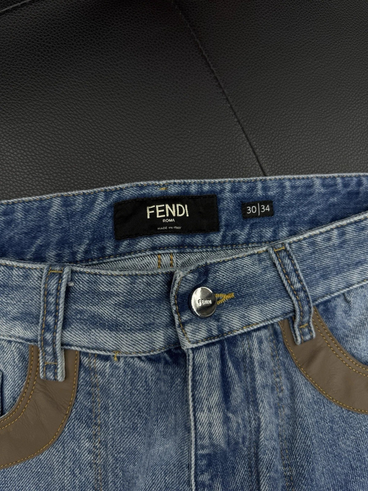 Fendi Jeans Blue Brown Leather Logo Patch Denim - Deadstockdenimla