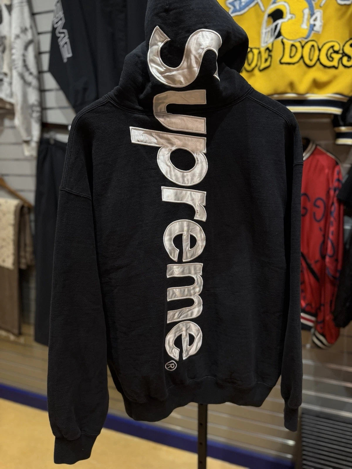 Supreme Satin Appliqué Black Pullover Hoodie
