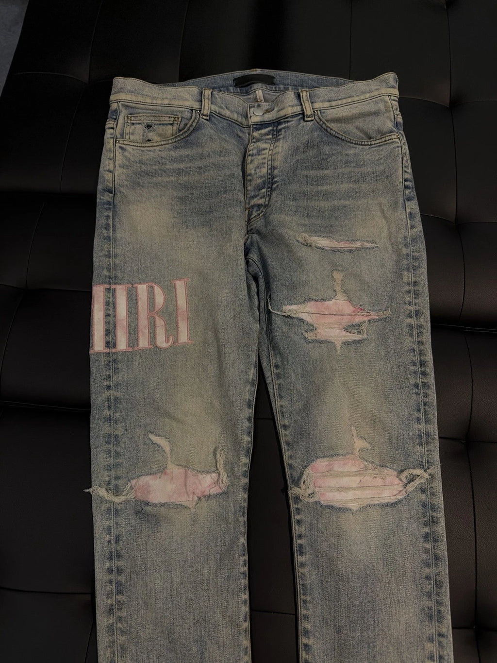Amiri Blue Pink Leg Logo Jeans