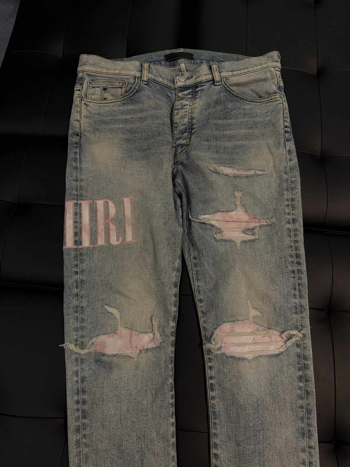 Amiri Blue Pink Leg Logo Jeans