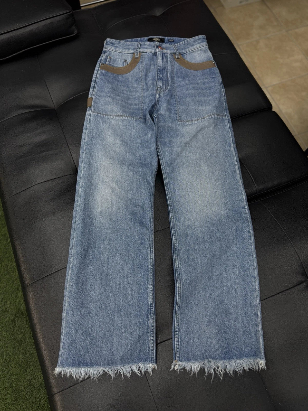 Fendi Jeans Blue Brown Leather Logo Patch Denim - Deadstockdenimla