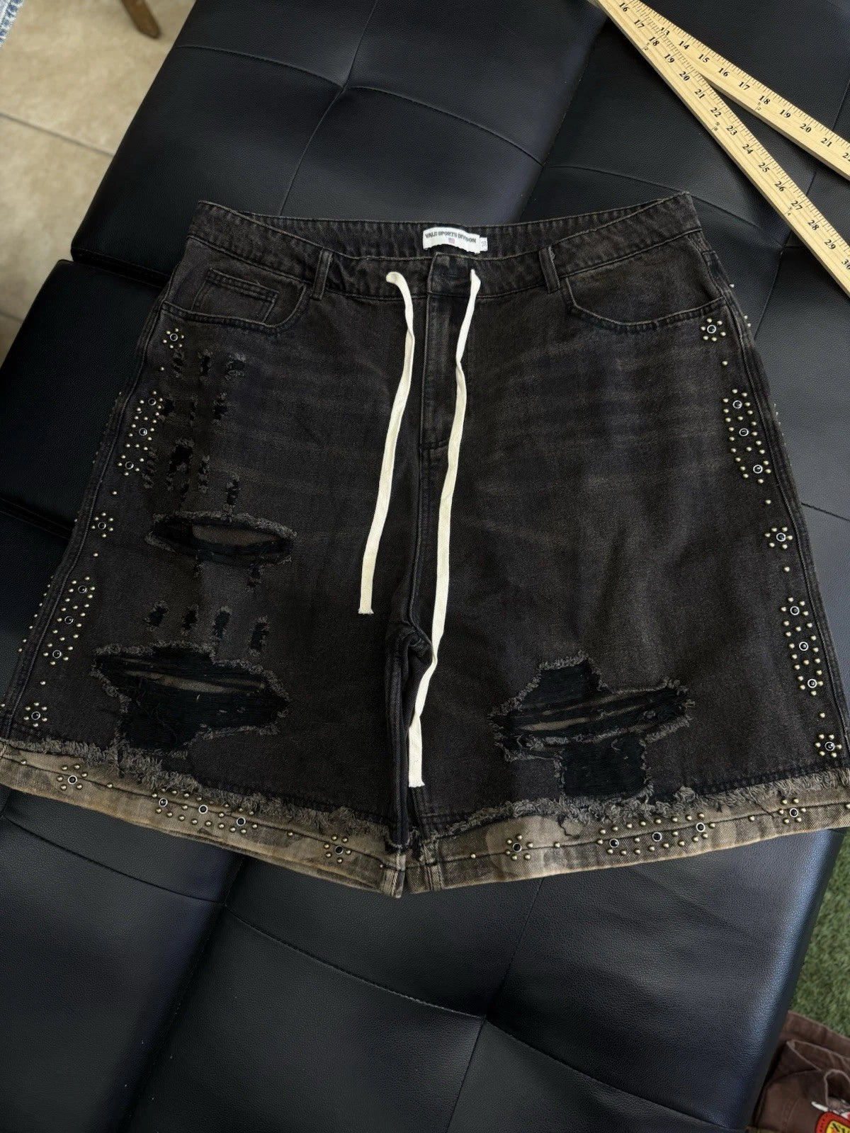Valley Denim Studded Shorts Black/Brown - Deadstockdenimla