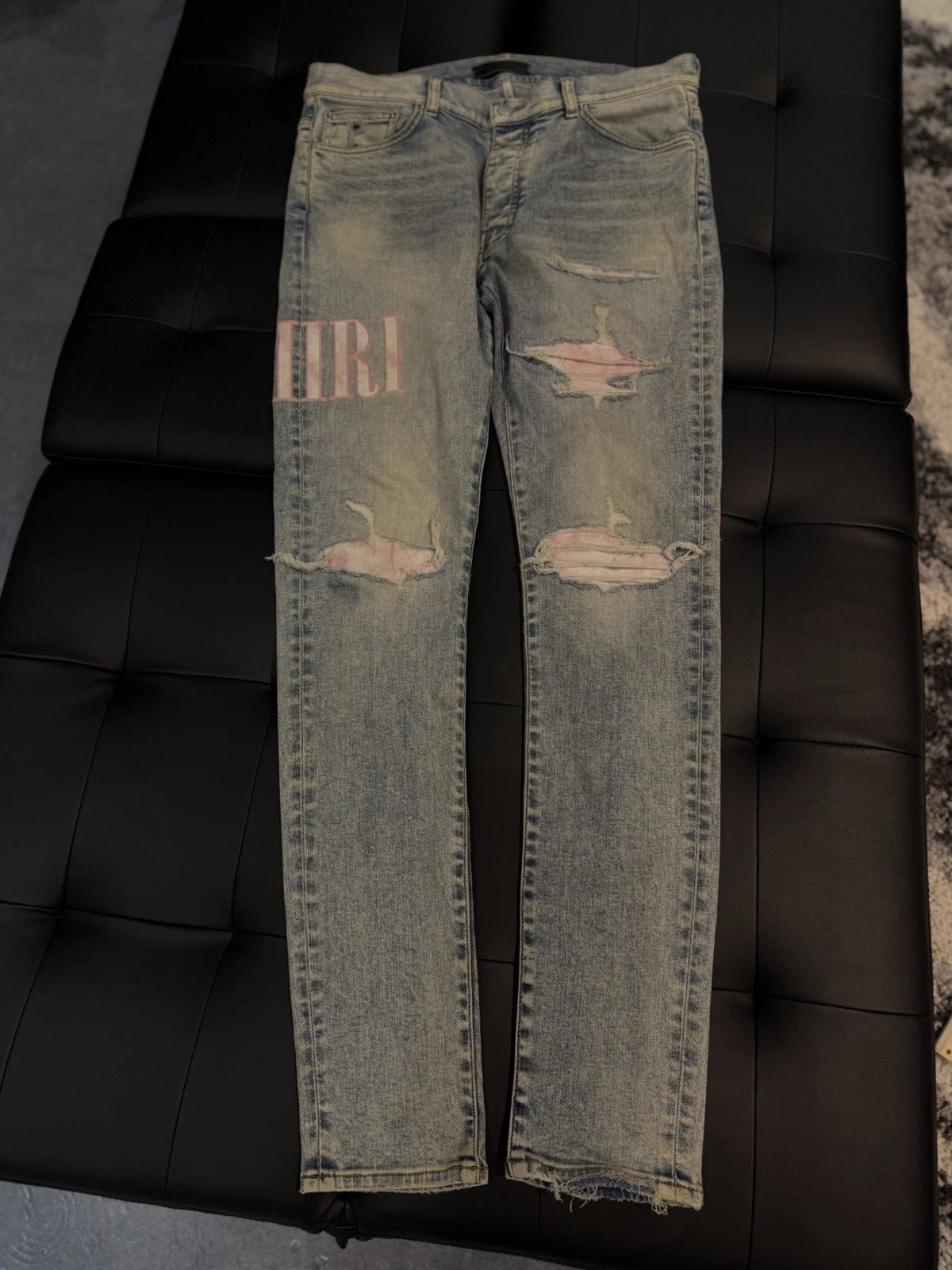 Amiri Blue Pink Leg Logo Jeans - Deadstockdenimla