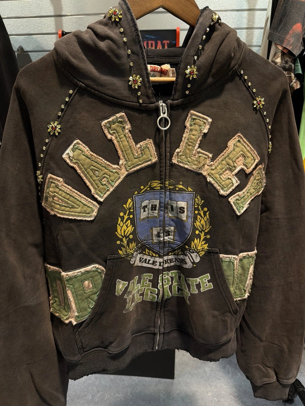 Vale Zip Up Black Stone Studded Hoodie - Deadstockdenimla