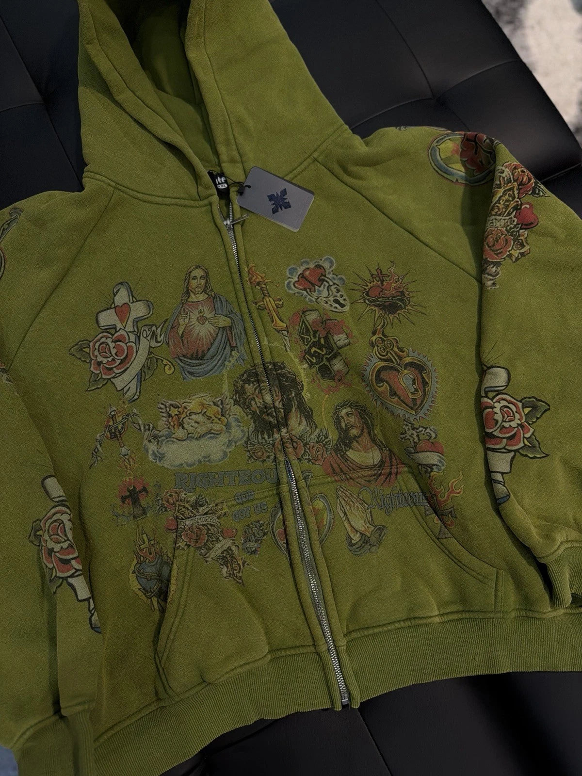 We Are Righteous Green Zip Up Jesus Hoodie - Deadstockdenimla