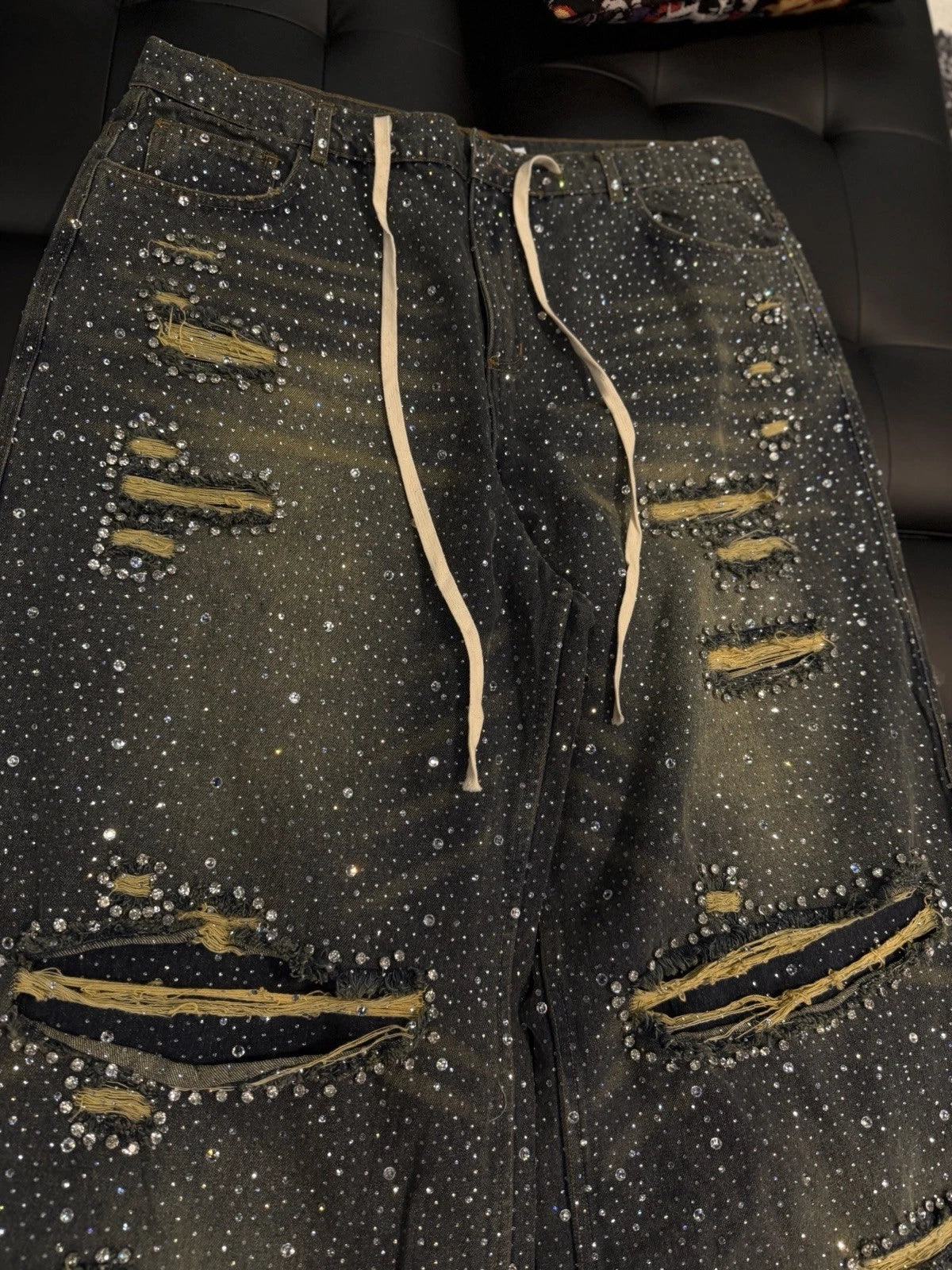 Valley Baggy Crystal Stone Denim Blue Jeans - Deadstockdenimla