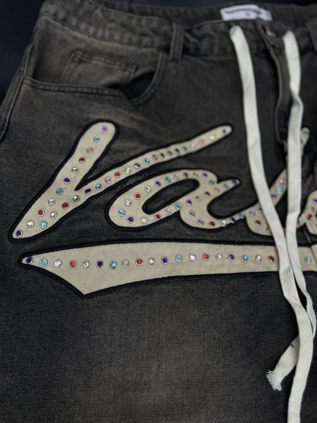 Vale Lives Forever Skittles Demin Jorts Shorts Rhinestone - Deadstockdenimla