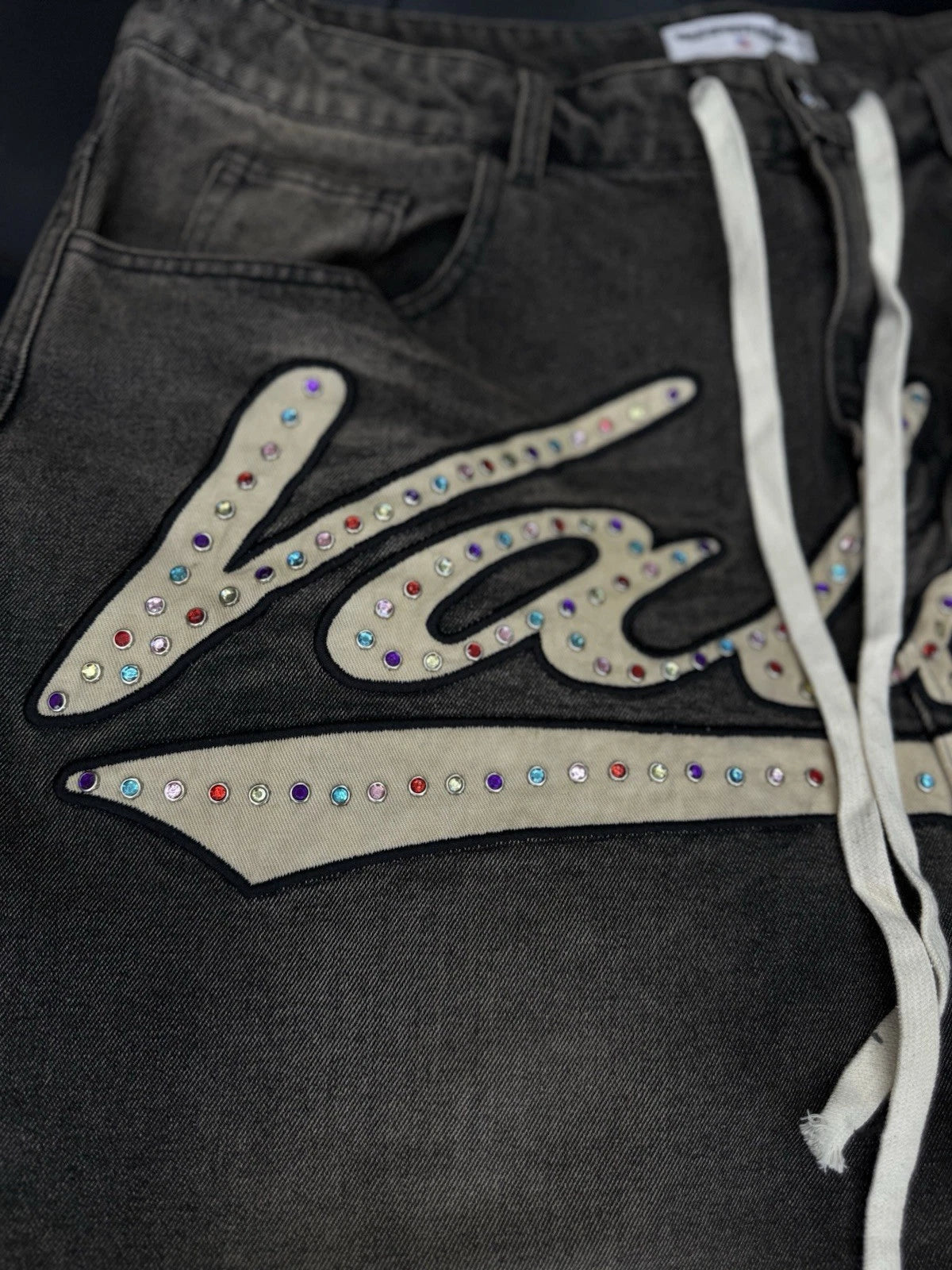 Vale Lives Forever Skittles Demin Jorts Shorts Rhinestone - Deadstockdenimla