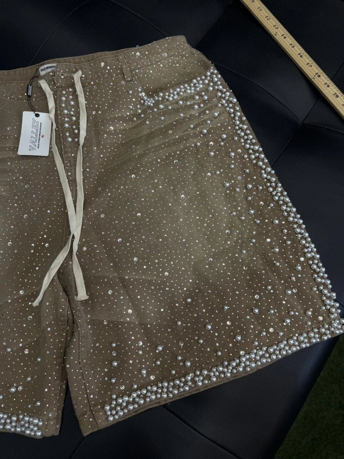 Valley Rhinestone Crystal Shorts Denim Tan