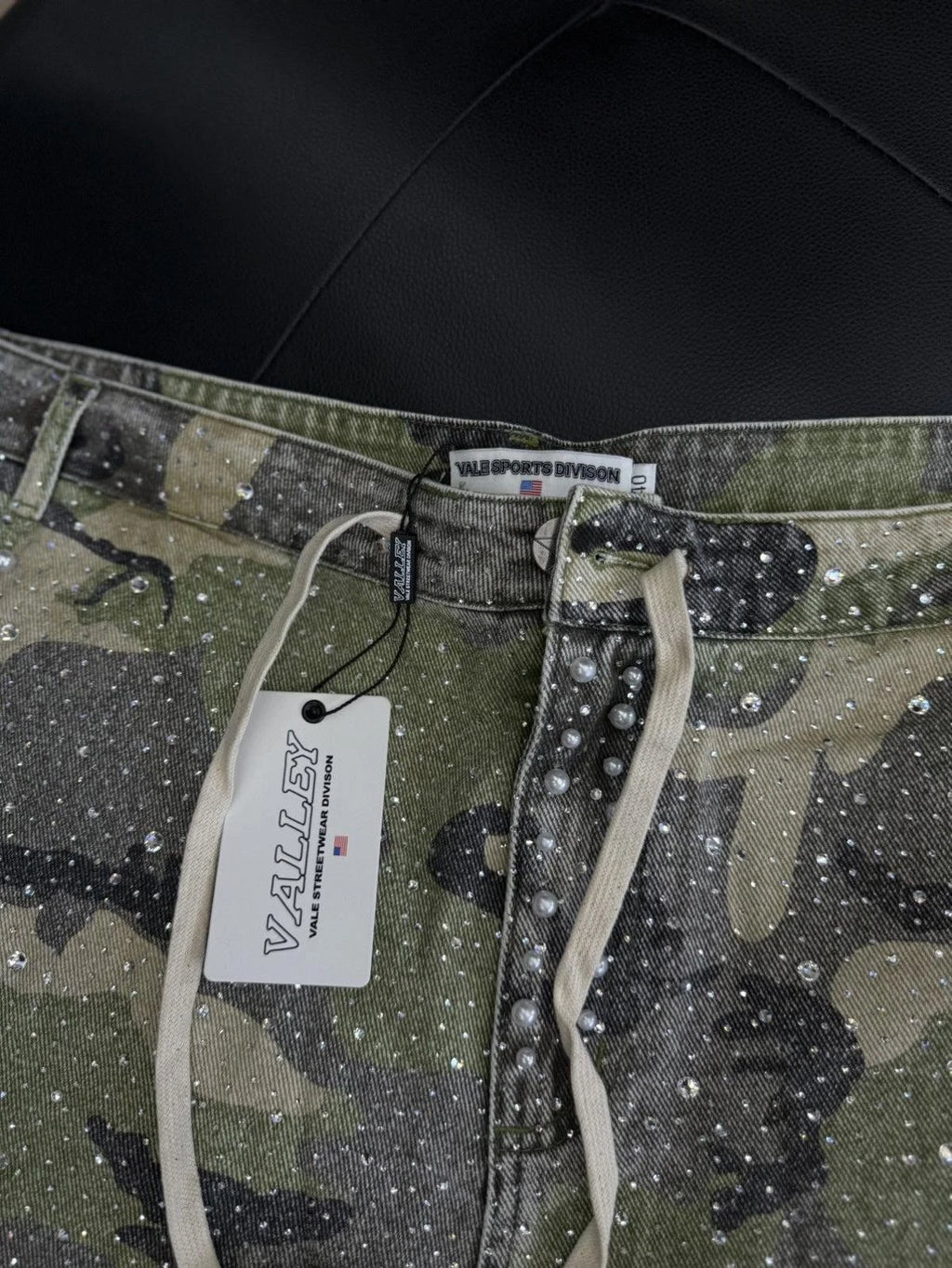 Valley Rhinestone Crystal Shorts Denim Green Camo - Deadstockdenimla