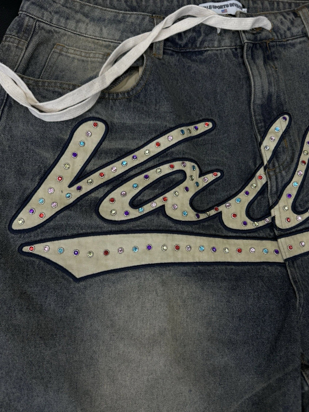 Vale Lives Forever Skittles Demin Jorts Shorts Rhinestone - Deadstockdenimla