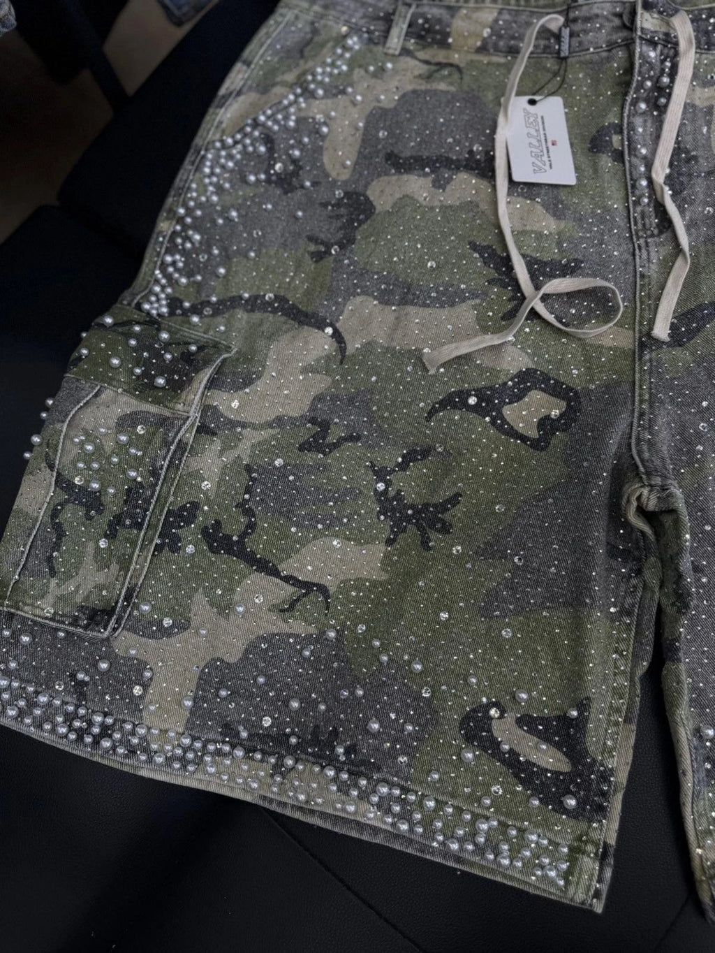 Valley Rhinestone Crystal Shorts Denim Green Camo - Deadstockdenimla