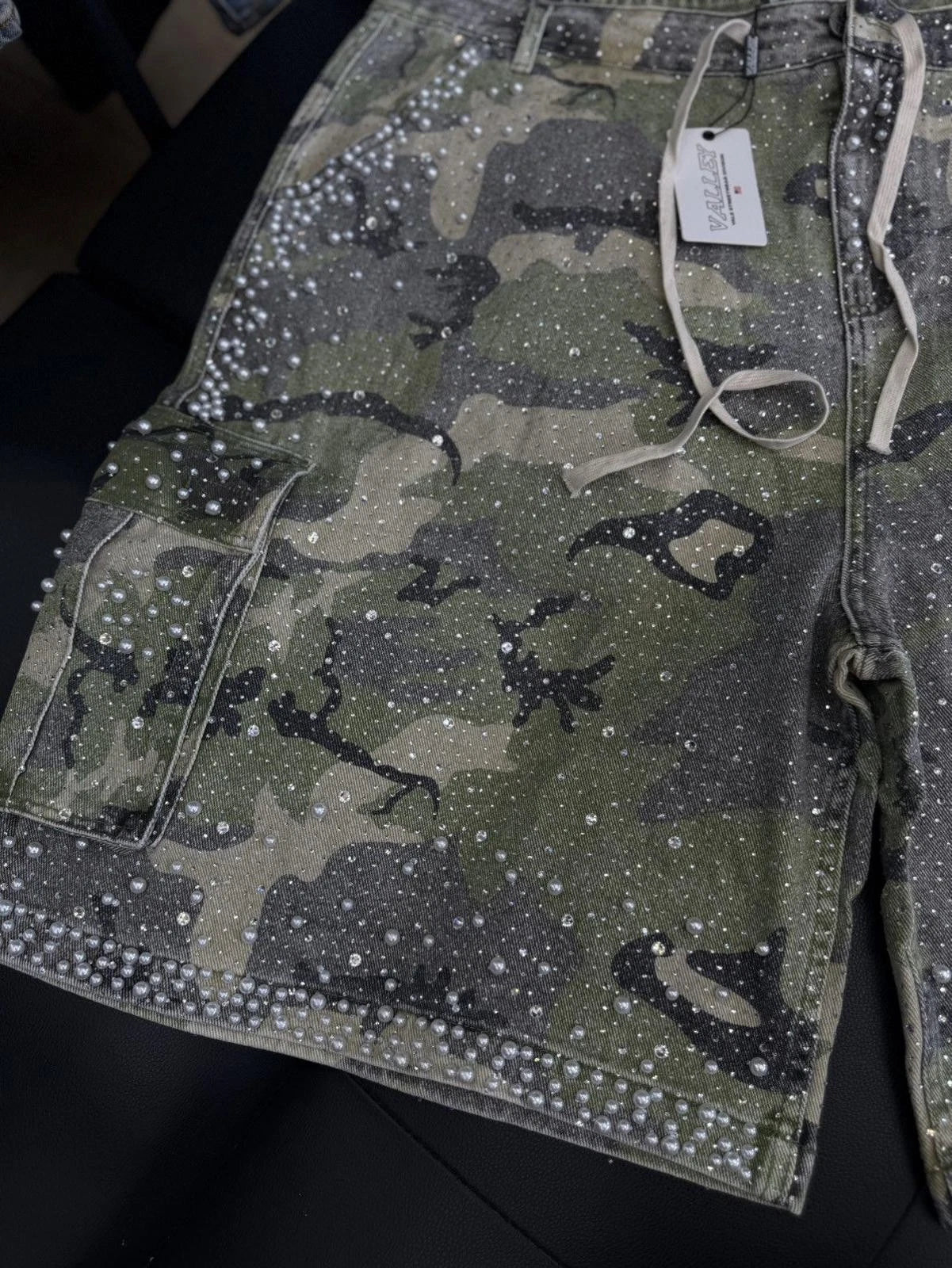 Valley Rhinestone Crystal Shorts Denim Green Camo - Deadstockdenimla