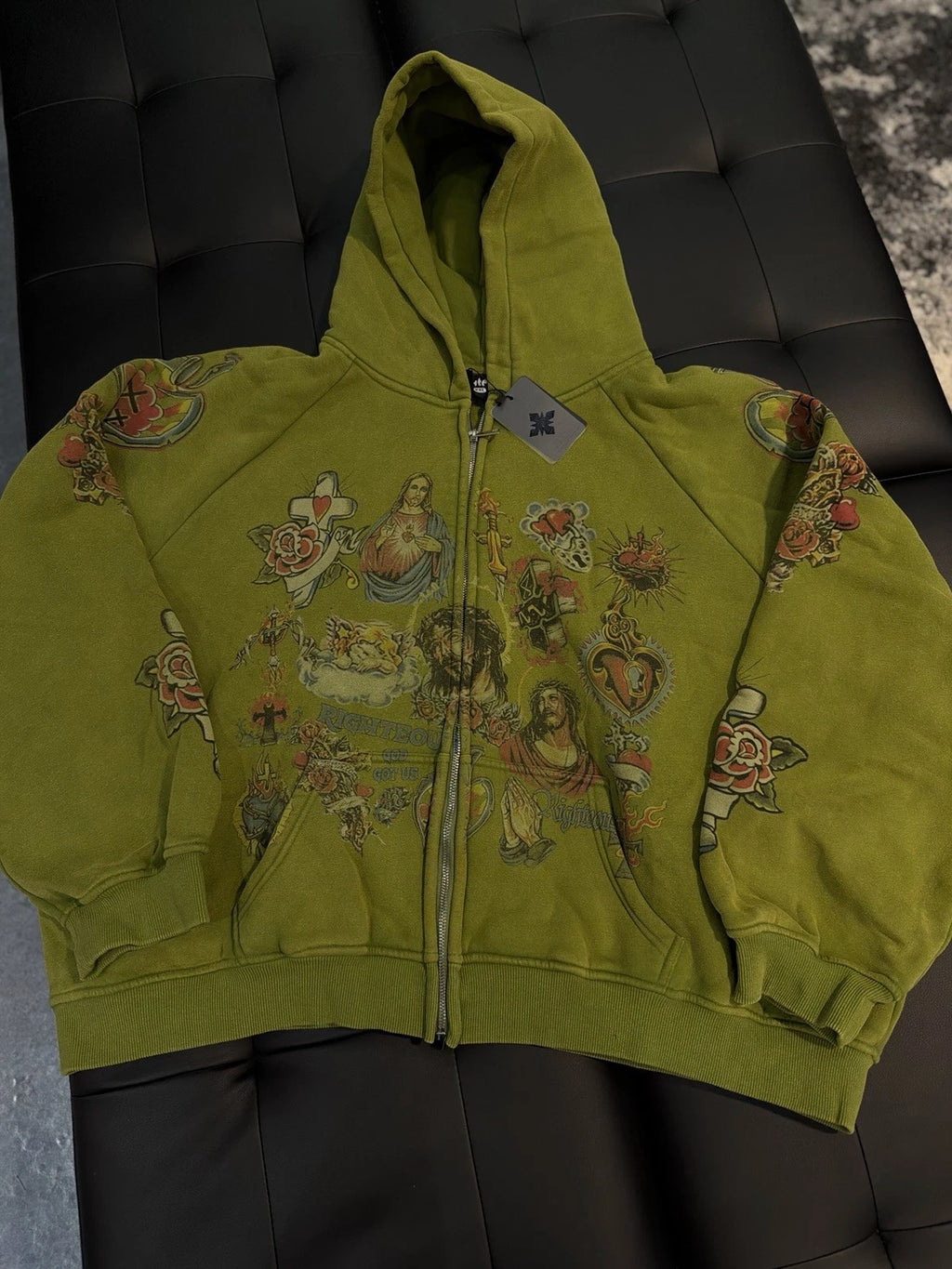 We Are Righteous Green Zip Up Jesus Hoodie - Deadstockdenimla