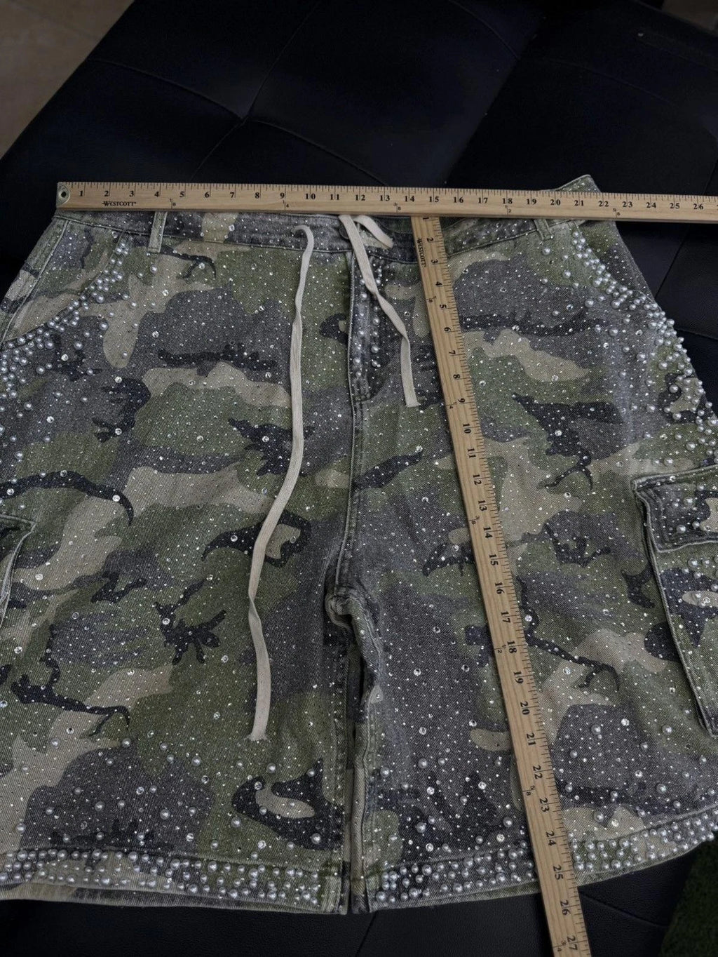 Valley Rhinestone Crystal Shorts Denim Green Camo - Deadstockdenimla