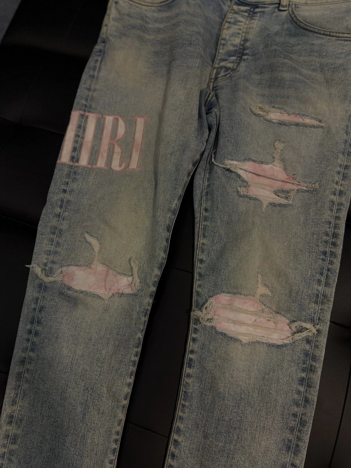 Amiri Blue Pink Leg Logo Jeans - Deadstockdenimla