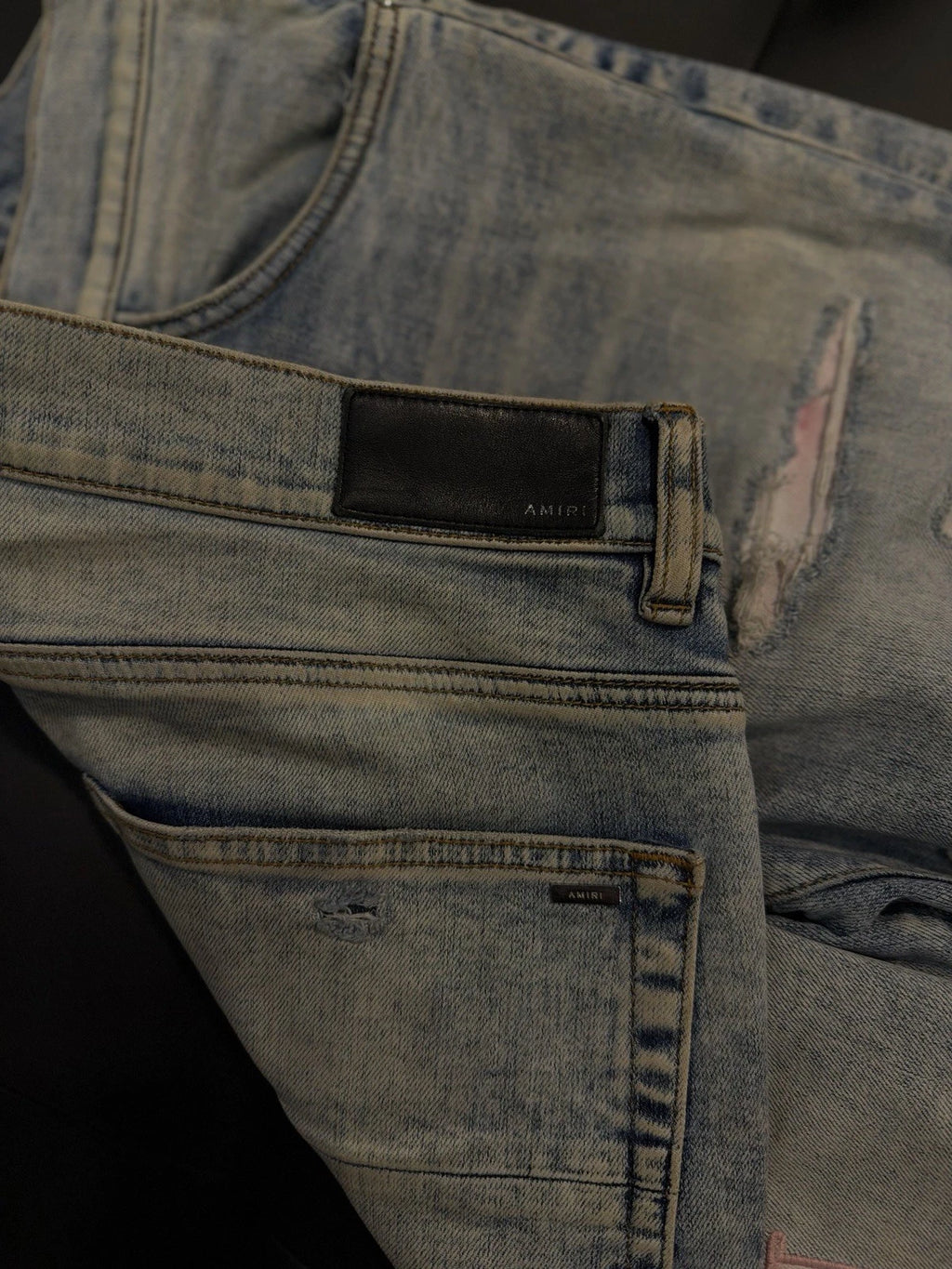 Amiri Blue Pink Leg Logo Jeans - Deadstockdenimla