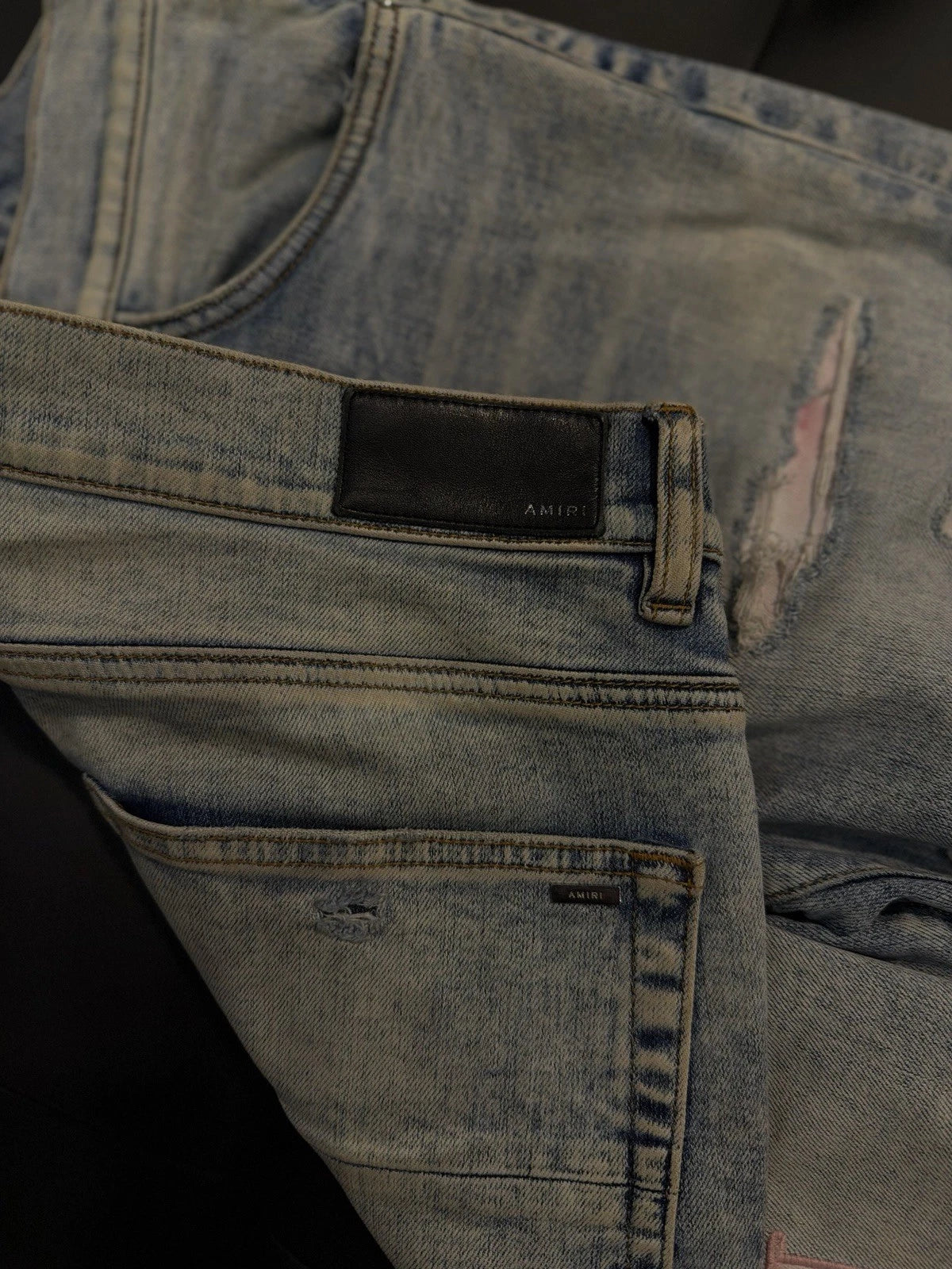 Amiri Blue Pink Leg Logo Jeans - Deadstockdenimla