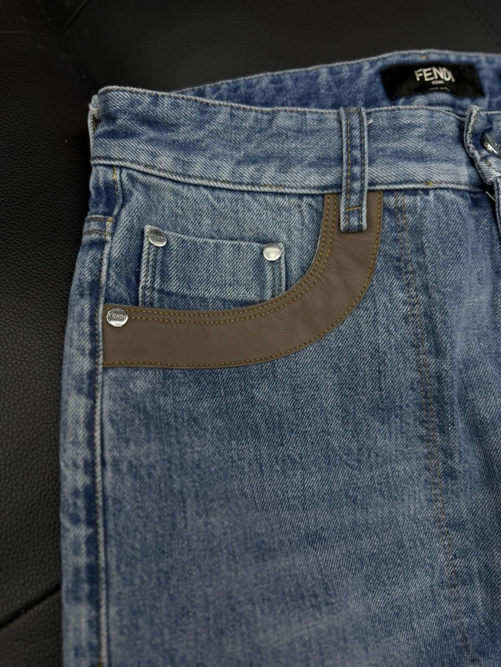 Fendi Jeans Blue Brown Leather Logo Patch Denim - Deadstockdenimla