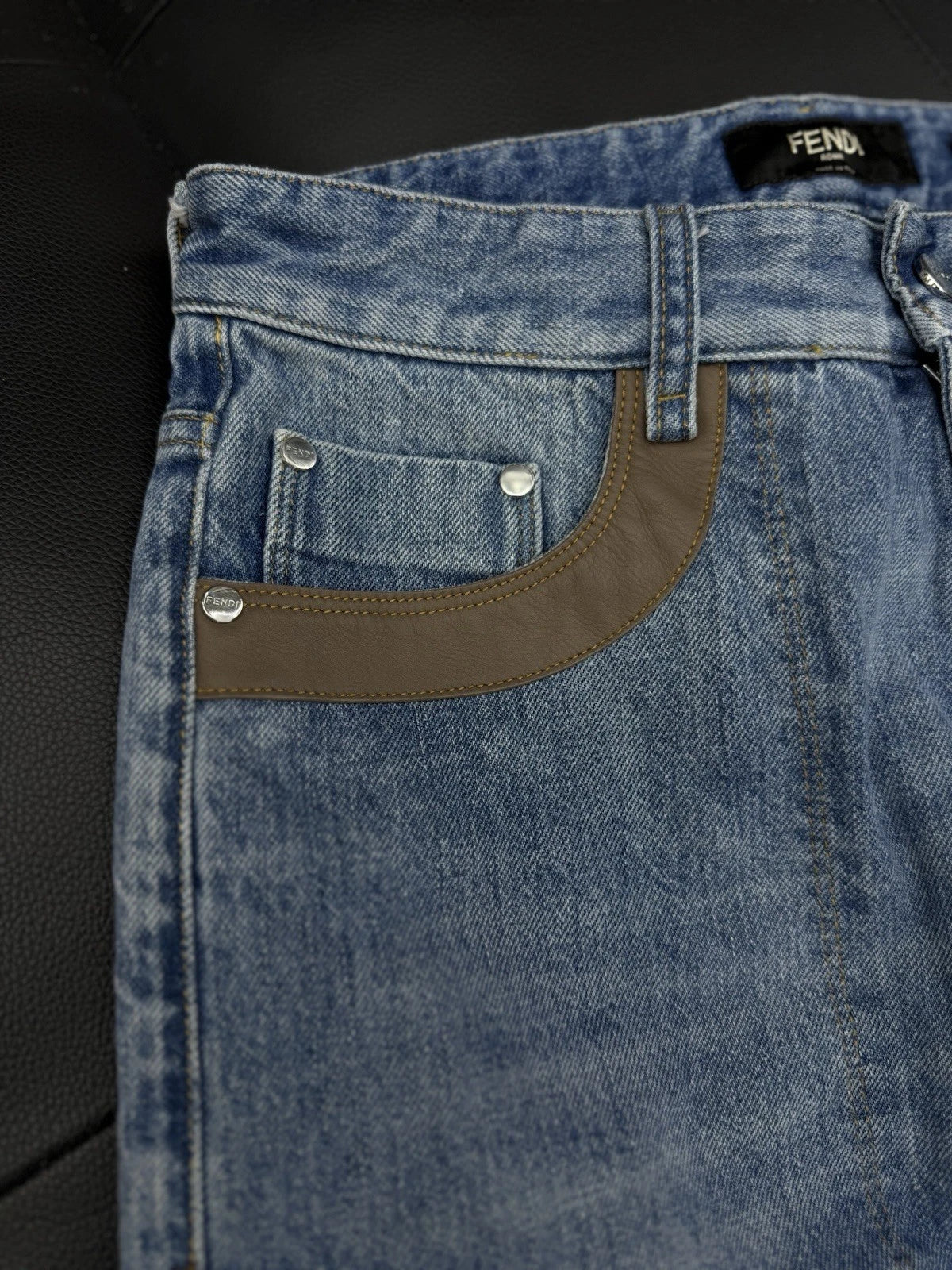 Fendi Jeans Blue Brown Leather Logo Patch Denim - Deadstockdenimla