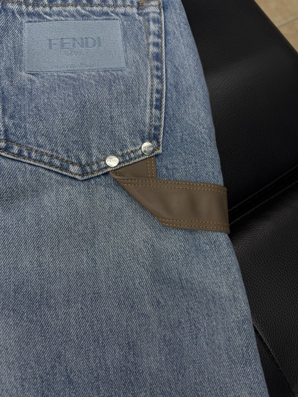 Fendi Jeans Blue Brown Leather Logo Patch Denim - Deadstockdenimla