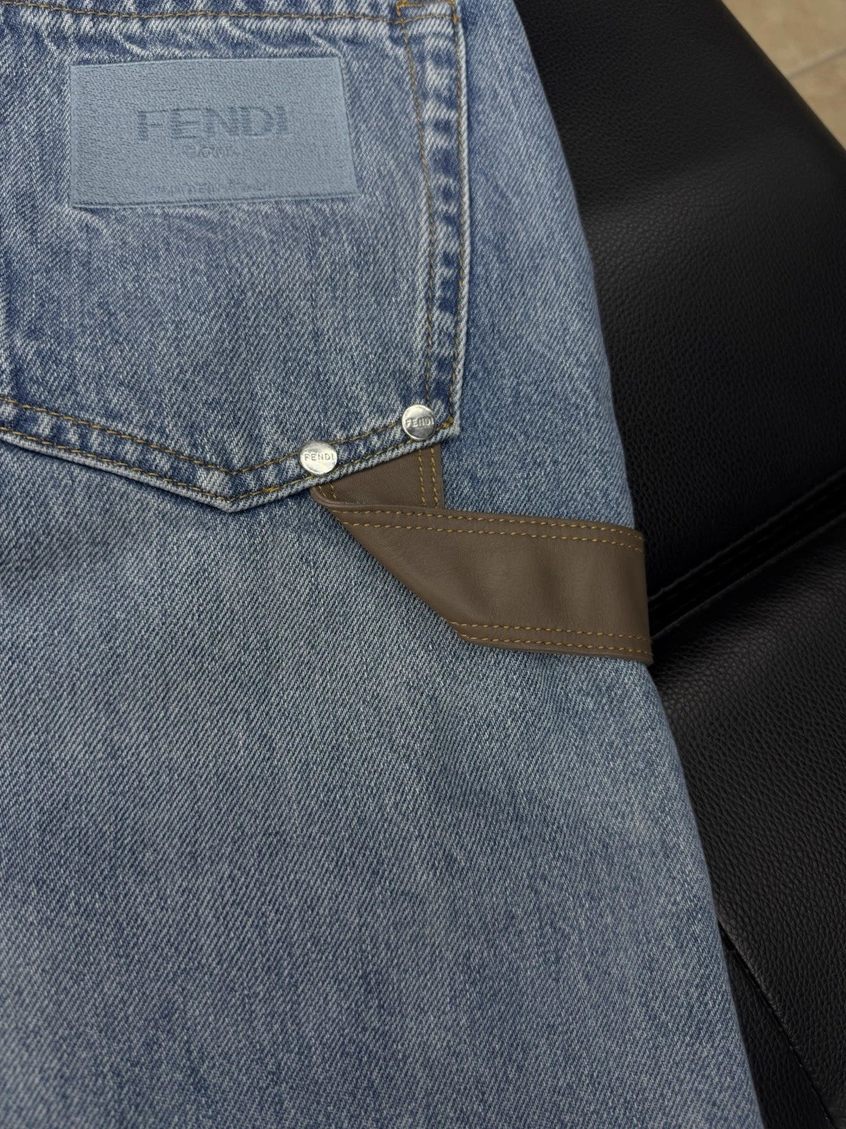 Fendi Jeans Blue Brown Leather Logo Patch Denim - Deadstockdenimla