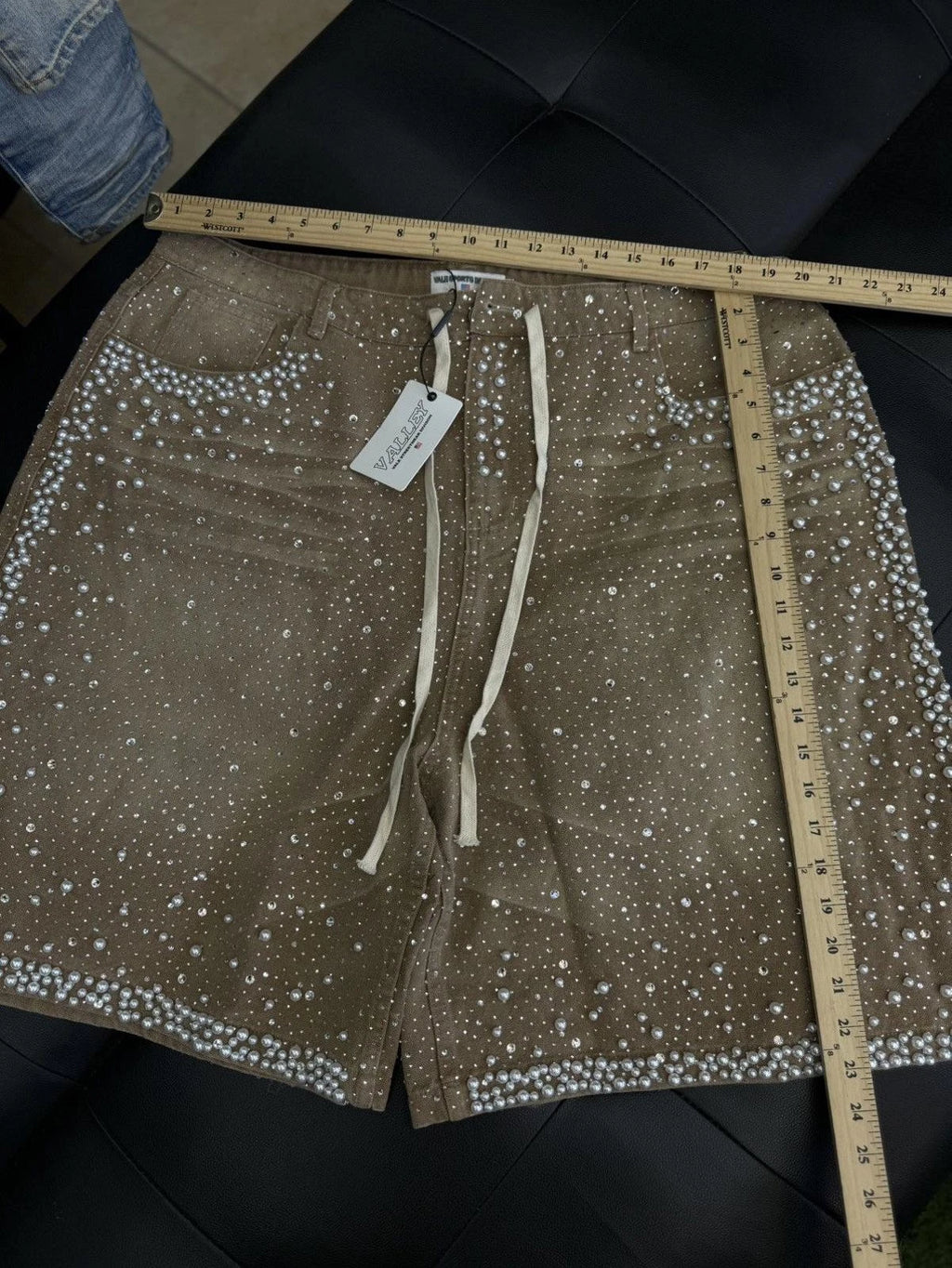 Valley Rhinestone Crystal Shorts Denim Tan