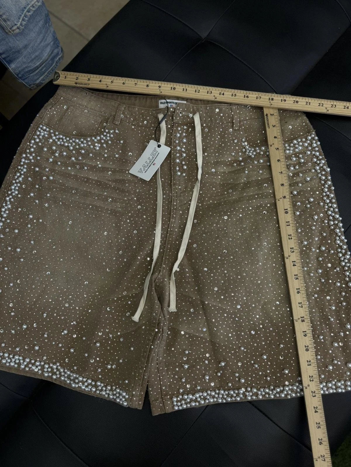 Valley Rhinestone Crystal Shorts Denim Tan