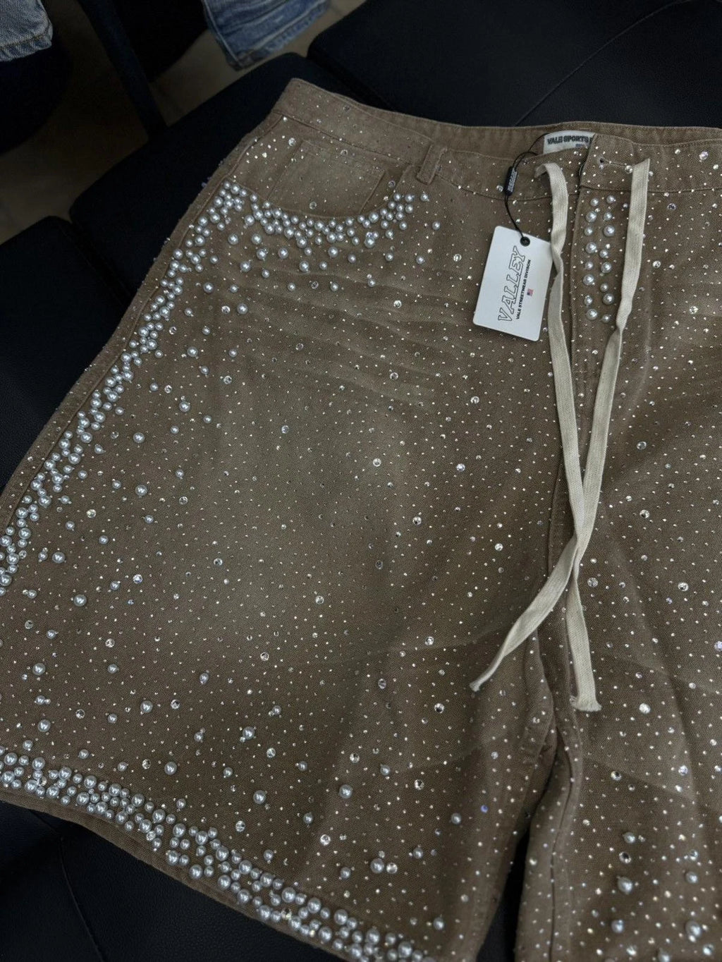 Valley Rhinestone Crystal Shorts Denim Tan