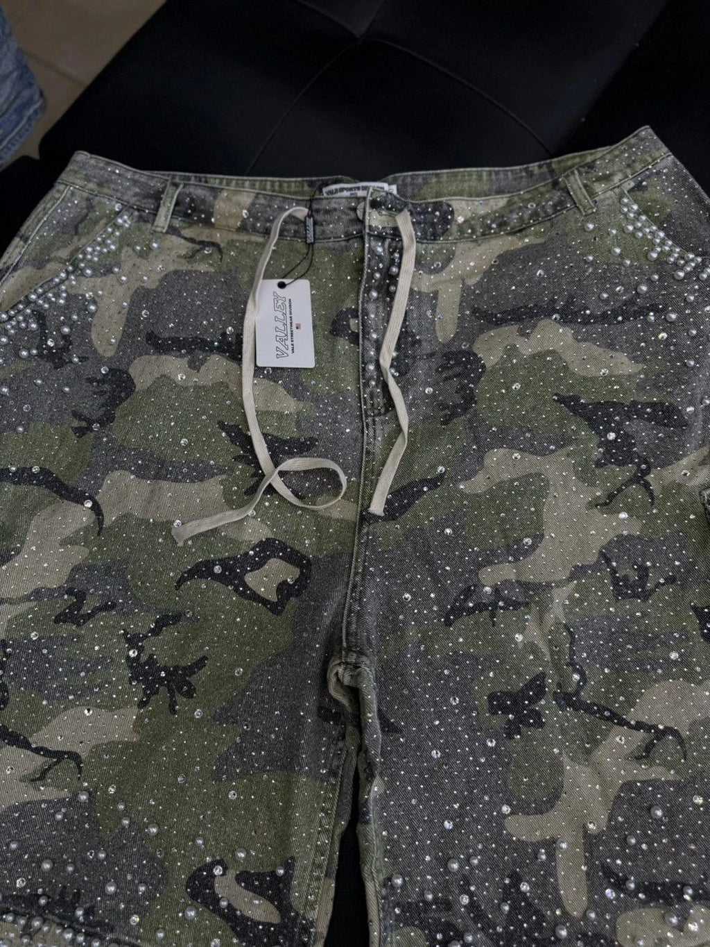Valley Rhinestone Crystal Shorts Denim Green Camo - Deadstockdenimla