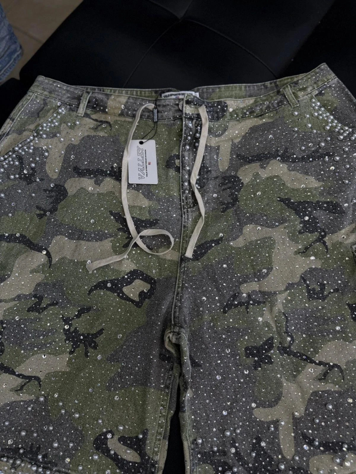 Valley Rhinestone Crystal Shorts Denim Green Camo - Deadstockdenimla